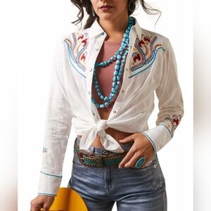 NWOT ARIAT White Button-Down Shirt with Red and Blue Embroidery